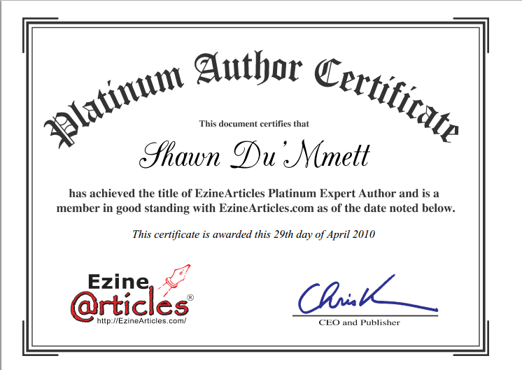 EzineArticles Platinum Author Certificate